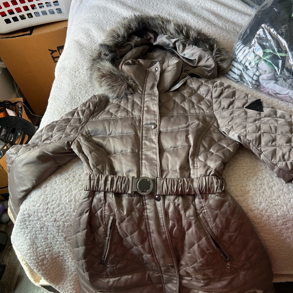 Guess Quilted Puffer Jacket with Faux Fur Hood - Gray